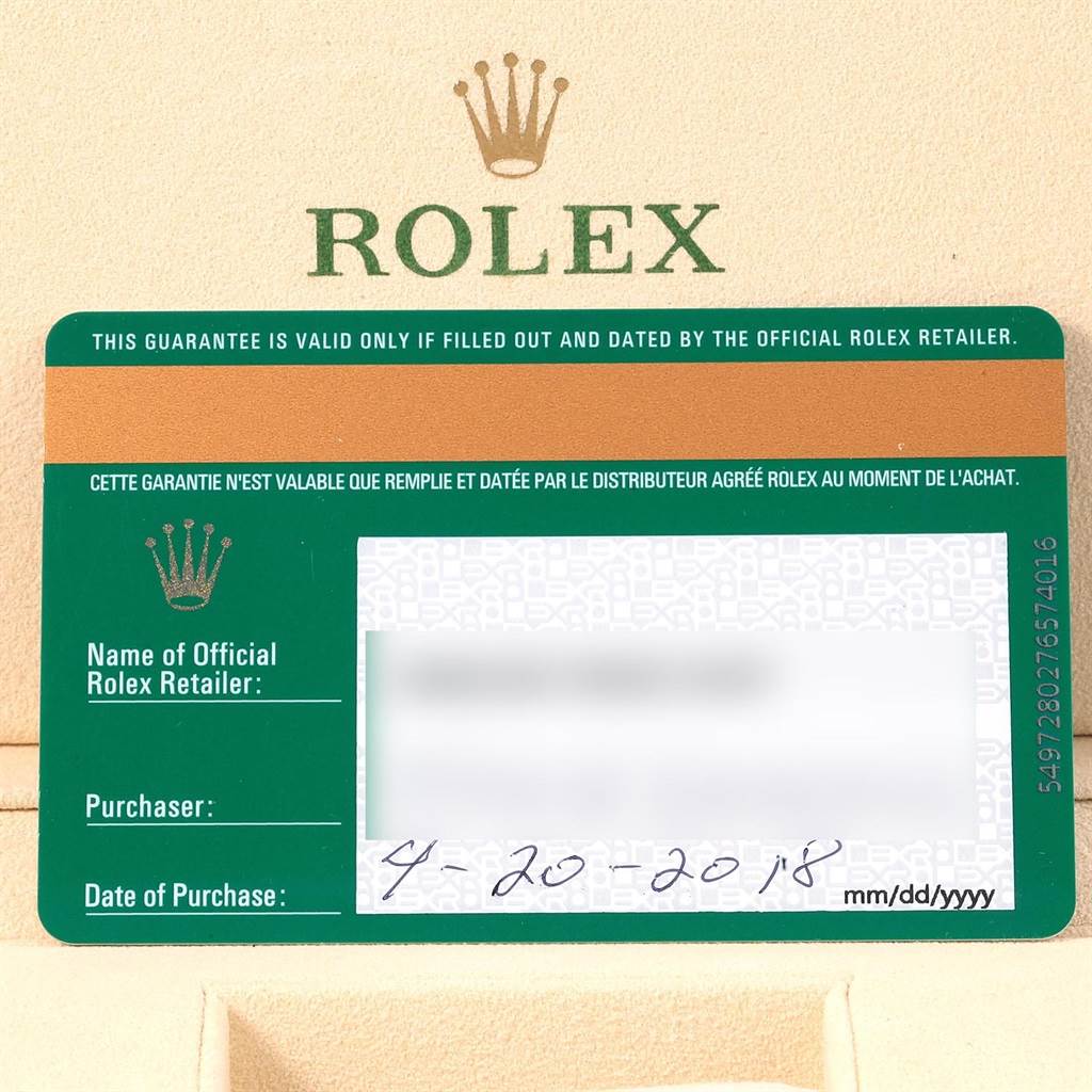 The image shows the guarantee card for the Rolex Datejust 41 116334 Men's Stainless Steel Grey Dial 116334 Men's Stainless Steel Grey Dial, featuring purchase date fields and a spot for retailer information.