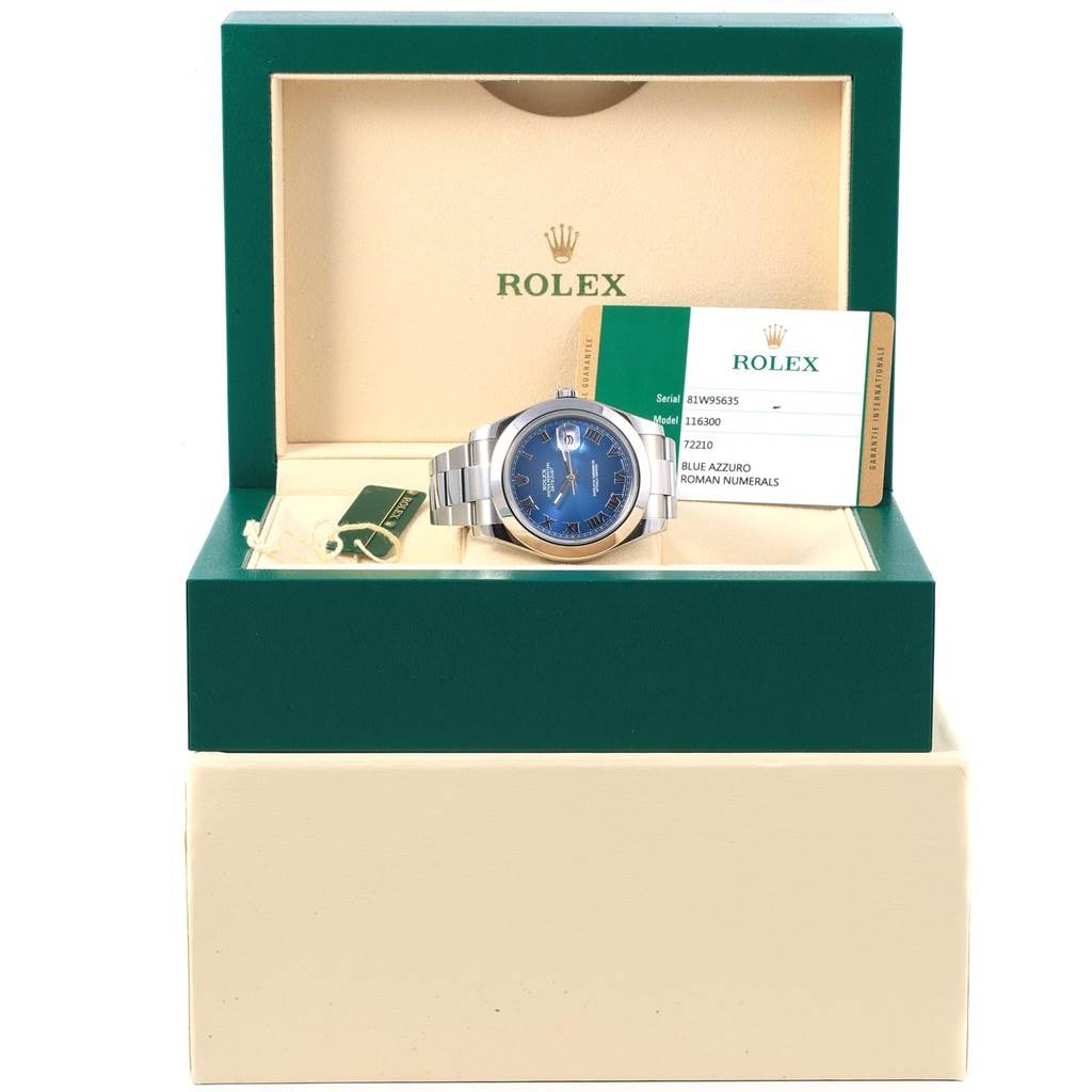 This image shows a Rolex Datejust 41 116300 Men's Stainless Steel Blue Dial 116300 Men's Stainless Steel Blue Dial watch in an open box, accompanied by a certification card.
