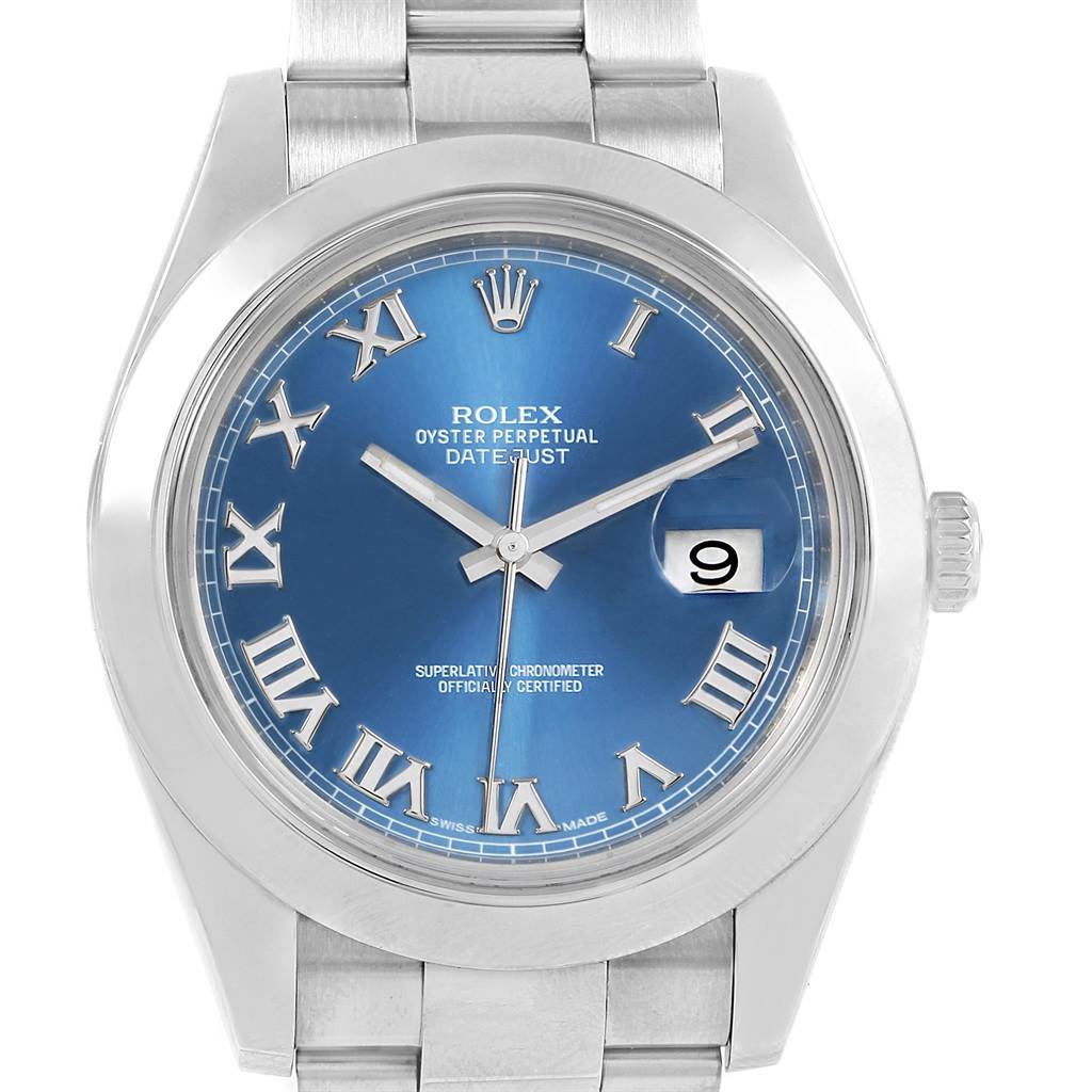 This image shows a front view of the Rolex Datejust 41 116300 Men's Stainless Steel Blue Dial 116300 Men's Stainless Steel Blue Dial, highlighting its blue dial, Roman numerals, and date window.