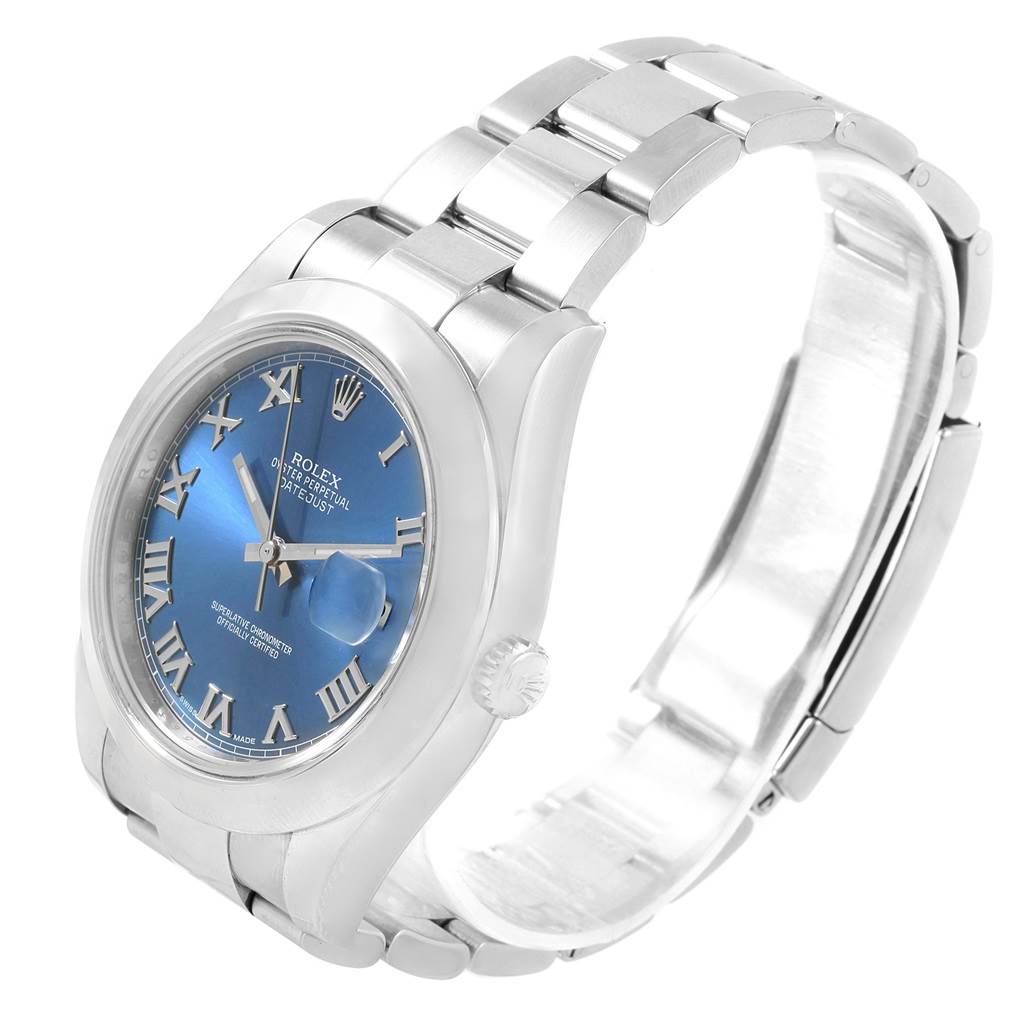 The Rolex Datejust 41 116300 Men's Stainless Steel Blue Dial 116300 Men's Stainless Steel Blue Dial watch is shown at a slight left side angle, revealing the dial, case, and part of the bracelet.
