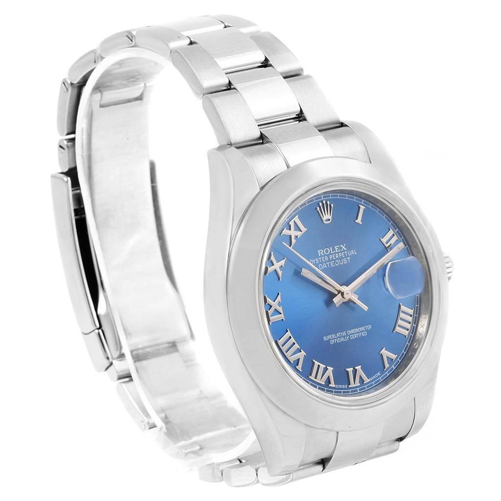 The Rolex Datejust 41 116300 Men's Stainless Steel Blue Dial 116300 Men's Stainless Steel Blue Dial watch is shown at a slight angle, displaying its blue dial, Roman numerals, and stainless steel bracelet.