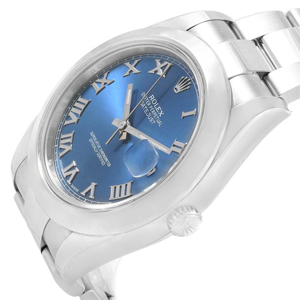 The Rolex Datejust 41 116300 Men's Stainless Steel Blue Dial 116300 Men's Stainless Steel Blue Dial watch is shown at an angled view, displaying the face, bezel, and part of the bracelet.
