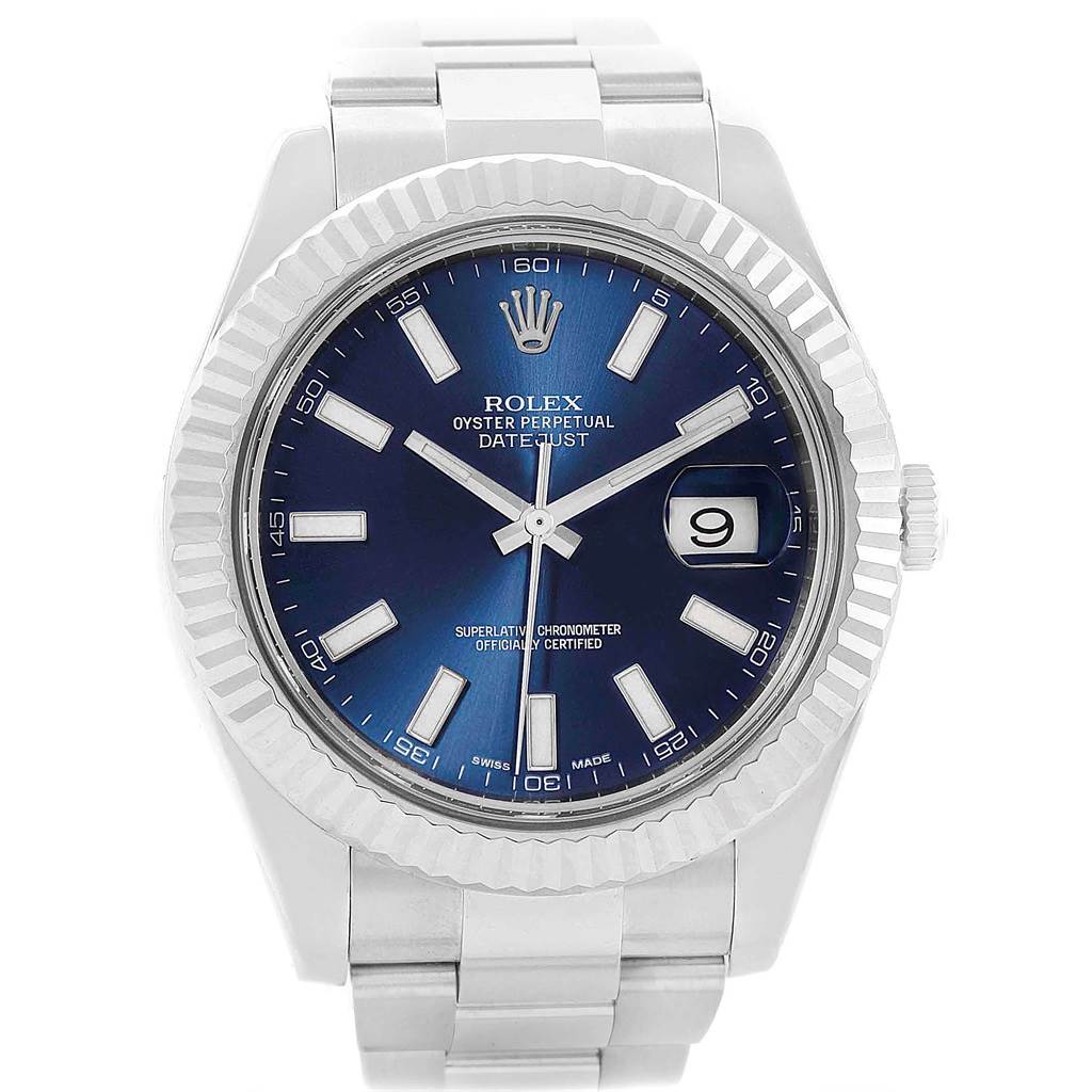 The image shows a frontal view of a Rolex Datejust 41 116334 Men's Stainless Steel Blue Dial 116334 Men's Stainless Steel Blue Dial watch, featuring a blue dial and a fluted bezel.