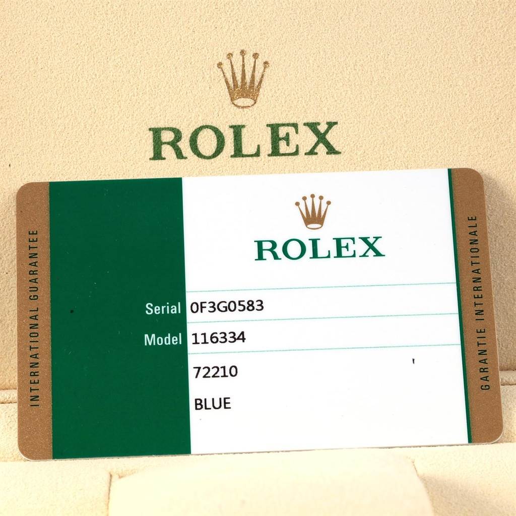 This image shows the international guarantee card for the Rolex Datejust 41 116334 Men's Stainless Steel Blue Dial 116334 Men's Stainless Steel Blue Dial model.
