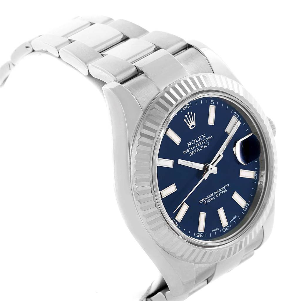 The image shows a Rolex Datejust 41 116334 Men's Stainless Steel Blue Dial 116334 Men's Stainless Steel Blue Dial watch at a slight side angle, displaying the bracelet, fluted bezel, and blue dial.