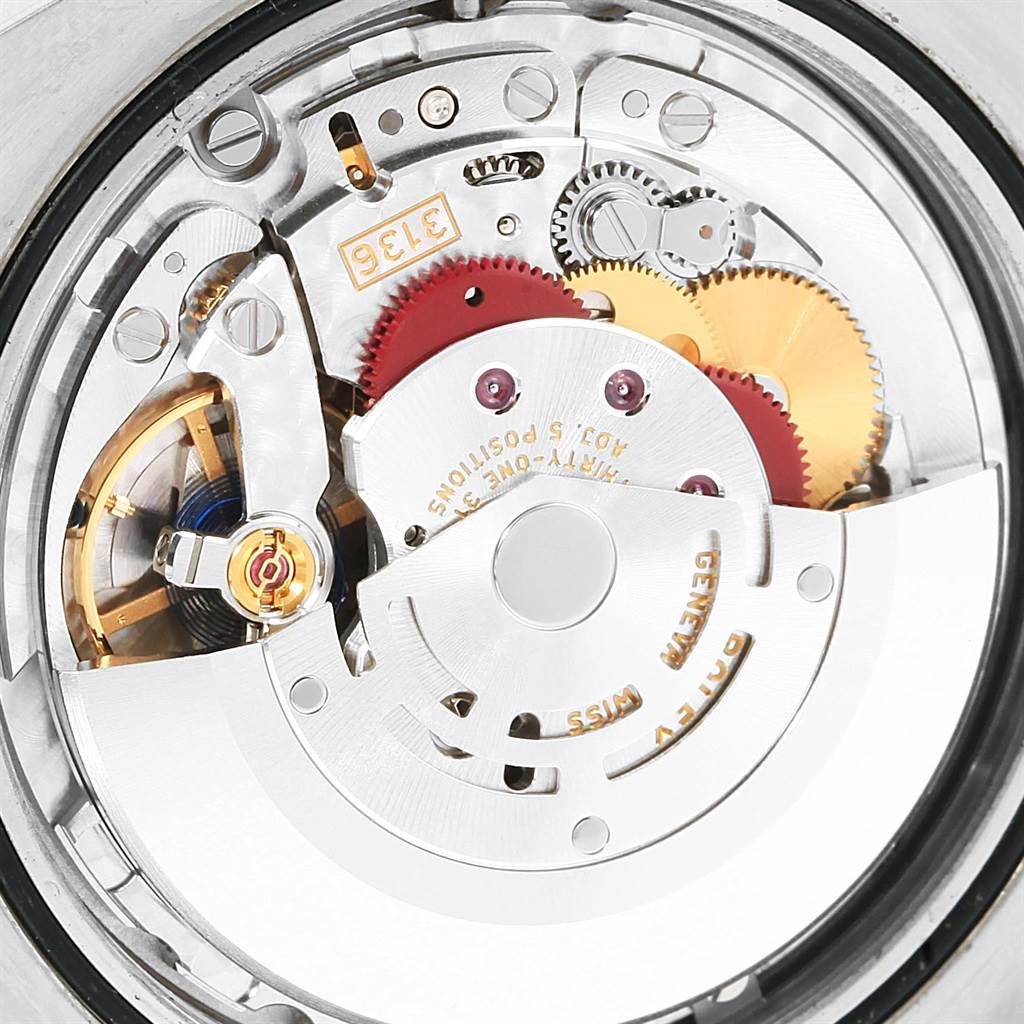 This image shows the intricate inner mechanism and gears of the Rolex Datejust 41 116334 Men's Stainless Steel Blue Dial 116334 Men's Stainless Steel Blue Dial model, viewed from the back.