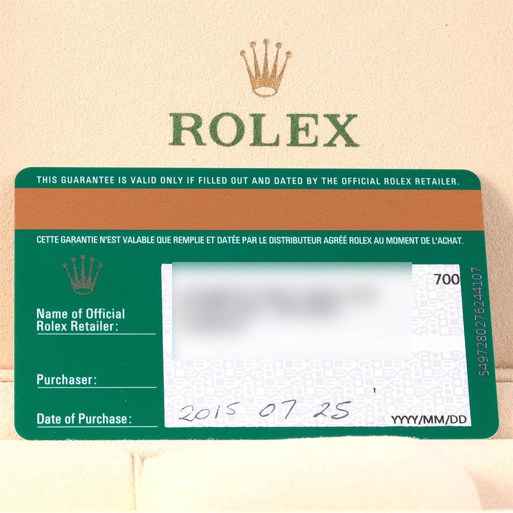 The image shows a warranty card for a Rolex Datejust 41 116334 Men's Stainless Steel Blue Dial 116334 Men's Stainless Steel Blue Dial watch, highlighting the brand and purchase information.