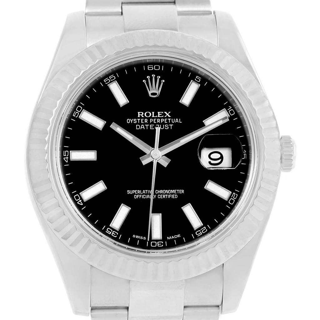 This image shows a front view of a Rolex Datejust 41 116334 Men's Stainless Steel Black Dial 116334 Men's Stainless Steel Black Dial watch, displaying its black dial, date window, and stainless steel bracelet.