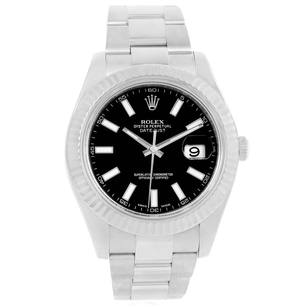 The image shows a front view of a Rolex Datejust 41 116334 Men's Stainless Steel Black Dial 116334 Men's Stainless Steel Black Dial watch, displaying its black dial, date window, and stainless steel bracelet.