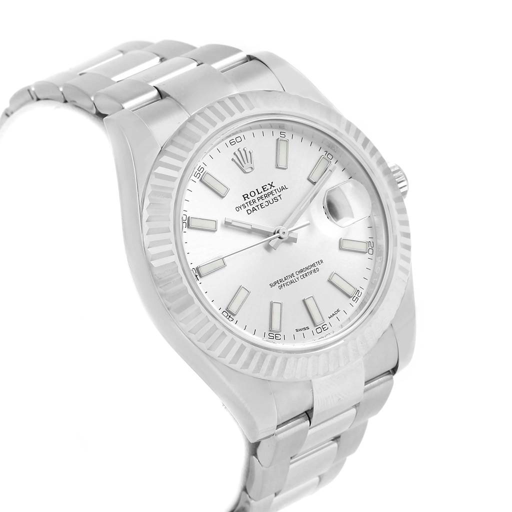 The Rolex Datejust 41 116334 Men's Stainless Steel Silver Dial 116334 Men's Stainless Steel Silver Dial watch is shown at a slight front side angle, highlighting the dial, bezel, and part of the bracelet.