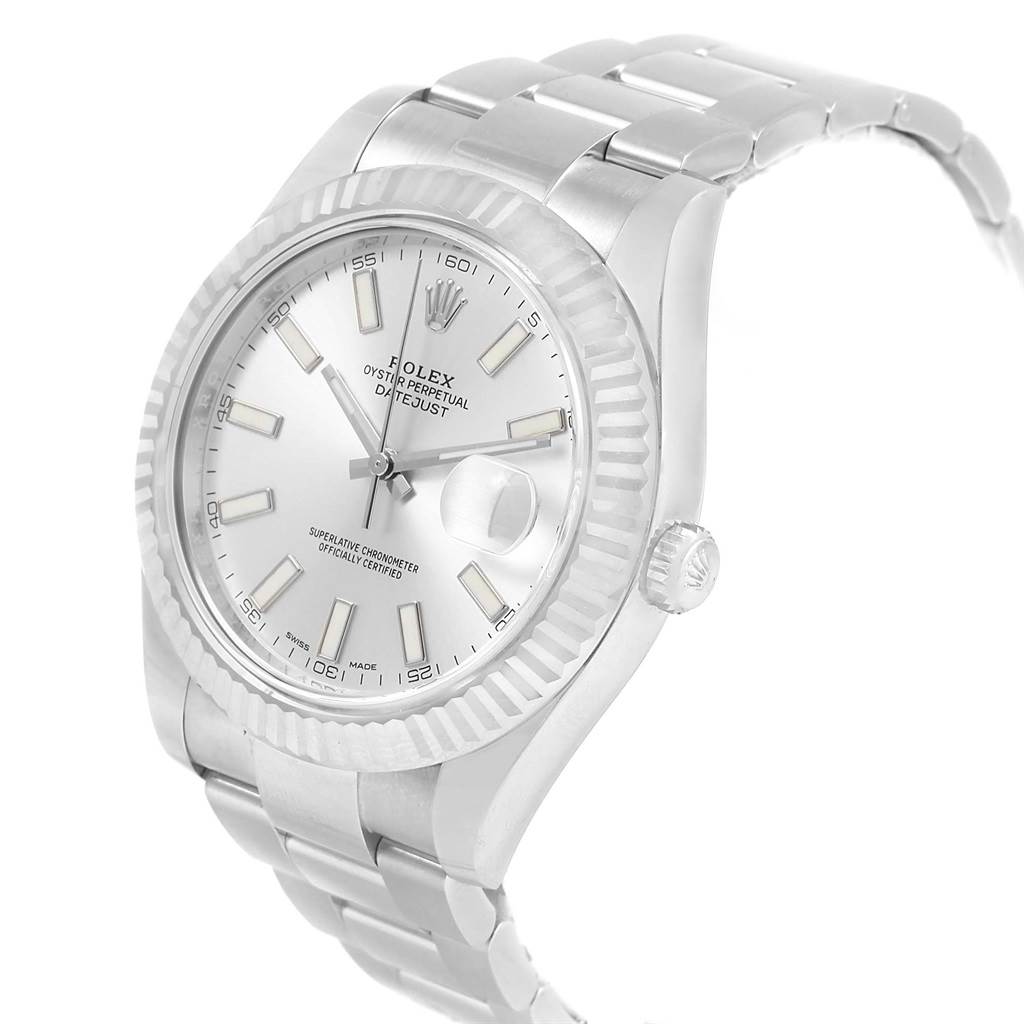 The Rolex Datejust 41 116334 Men's Stainless Steel Silver Dial 116334 Men's Stainless Steel Silver Dial model watch is shown at a three-quarter angle, displaying the dial, bezel, and part of the bracelet.