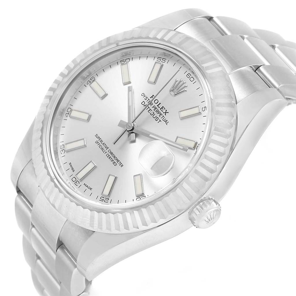 The image shows a Rolex Datejust 41 116334 Men's Stainless Steel Silver Dial 116334 Men's Stainless Steel Silver Dial watch at an angled side view featuring its dial, bezel, and part of the bracelet.