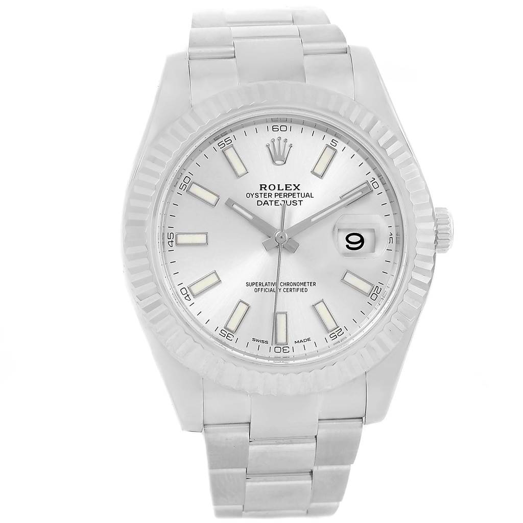 This image shows a frontal view of the Rolex Datejust 41 116334 Men's Stainless Steel Silver Dial 116334 Men's Stainless Steel Silver Dial watch, displaying its dial, bezel, and bracelet.