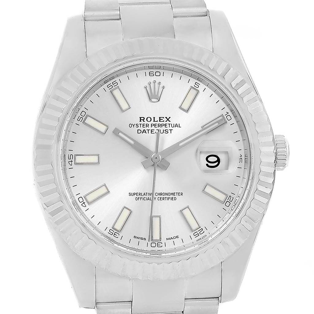 This image shows a front view of a Rolex Datejust 41 116334 Men's Stainless Steel Silver Dial 116334 Men's Stainless Steel Silver Dial watch, highlighting its dial, bezel, hands, and date window.