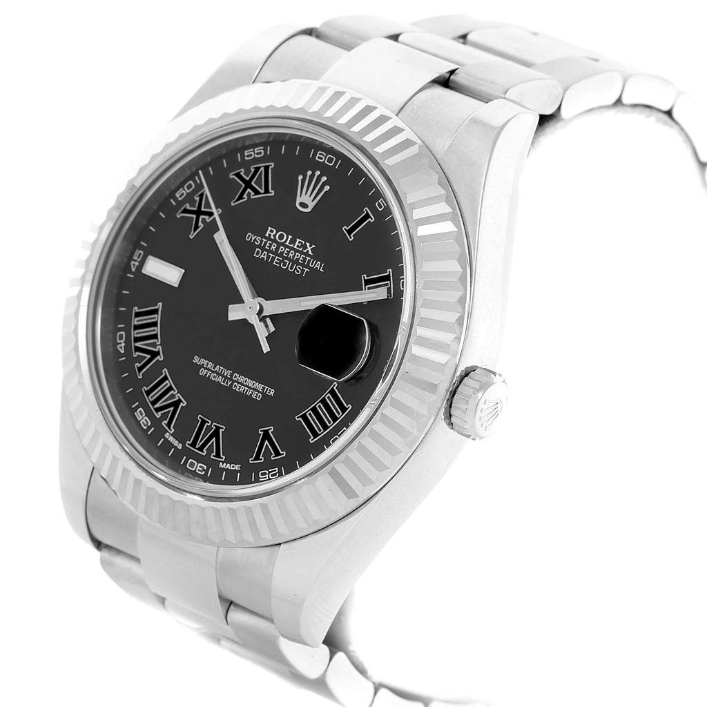 The image shows a Rolex Datejust 41 116334 Men's Stainless Steel Grey Dial 116334 Men's Stainless Steel Grey Dial watch at a side angle, highlighting its black dial, fluted bezel, and stainless steel bracelet.