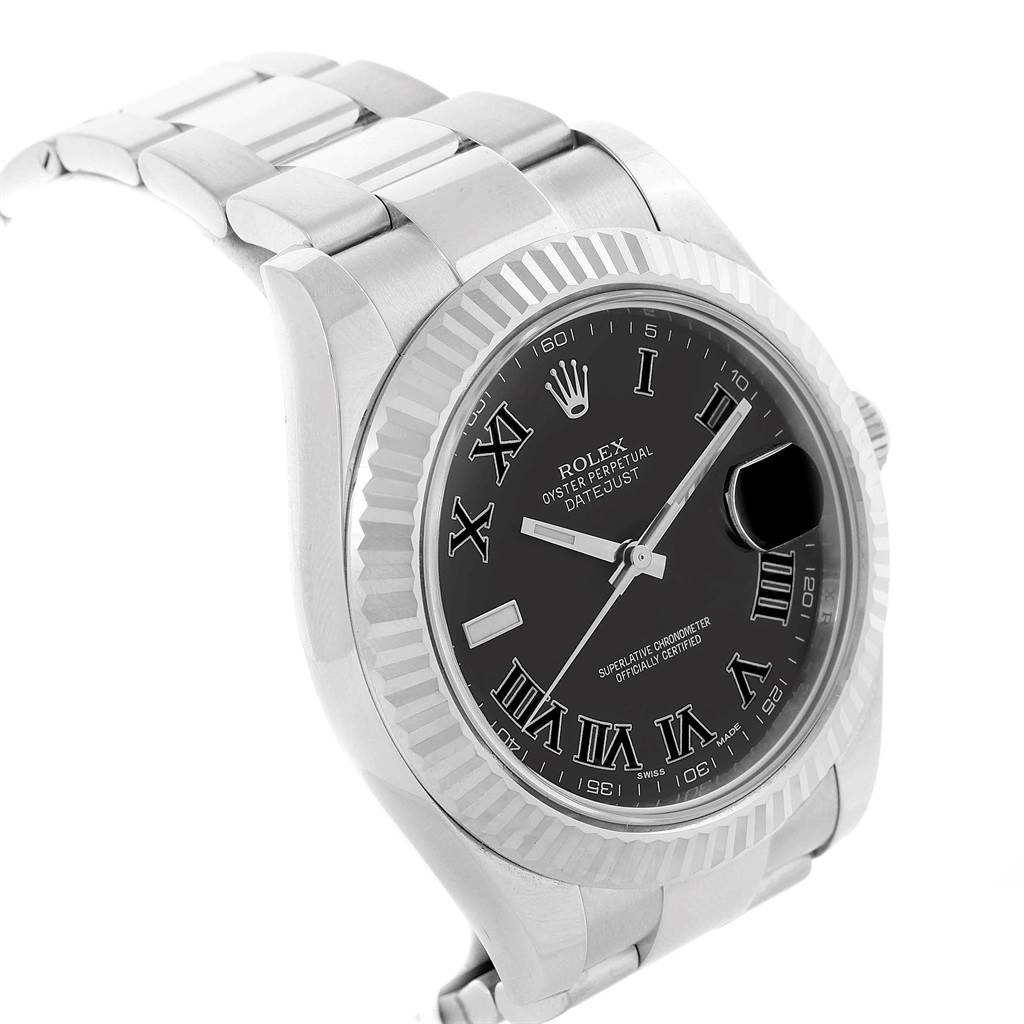 The Rolex Datejust 41 116334 Men's Stainless Steel Grey Dial 116334 Men's Stainless Steel Grey Dial watch is shown from a front-left angle, highlighting the face, bezel, and part of the bracelet.
