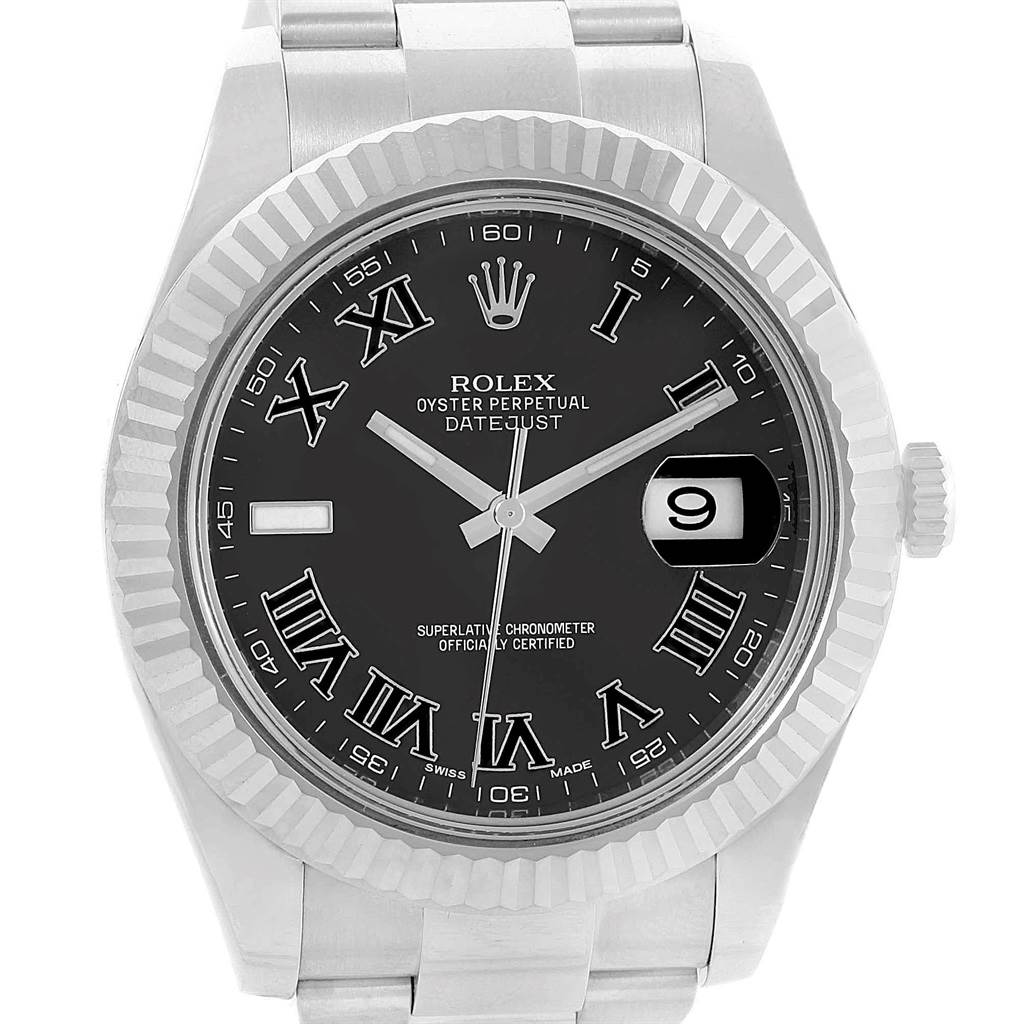 The image shows a front view of the Rolex Datejust 41 116334 Men's Stainless Steel Grey Dial 116334 Men's Stainless Steel Grey Dial, highlighting its black dial, date window, and Roman numeral markers.