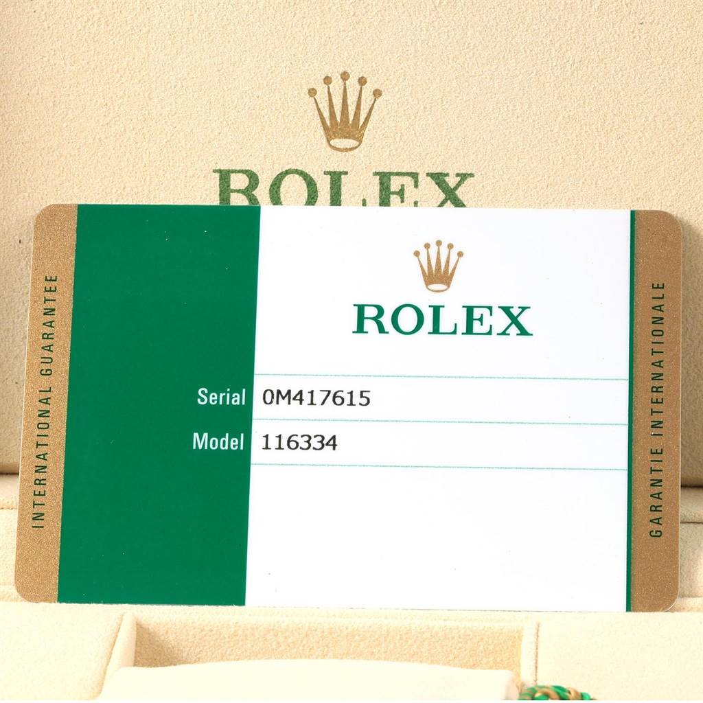 The image shows the warranty card for a Rolex Datejust 41 116334 Men's Stainless Steel Grey Dial 116334 Men's Stainless Steel Grey Dial model.
