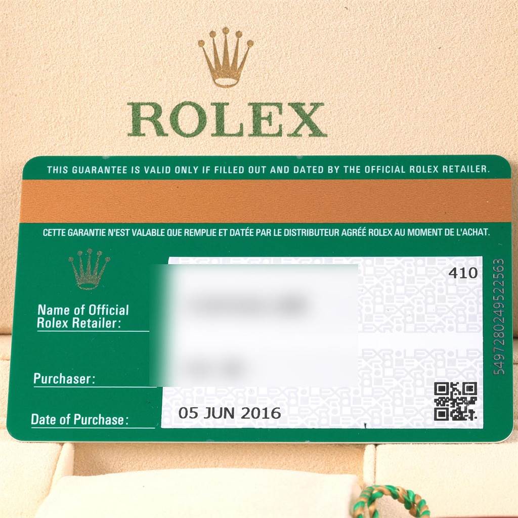 The image shows a guarantee card for the Rolex Datejust 41 116334 Men's Stainless Steel Grey Dial 116334 Men's Stainless Steel Grey Dial model.