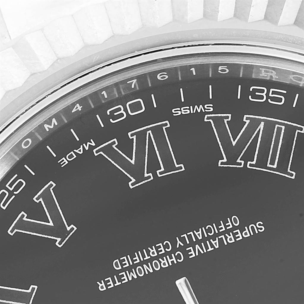 The image shows a close-up of the dial and bezel of the Rolex Datejust 41 116334 Men's Stainless Steel Grey Dial 116334 Men's Stainless Steel Grey Dial watch, highlighting the Roman numerals and "Swiss Made" marking.