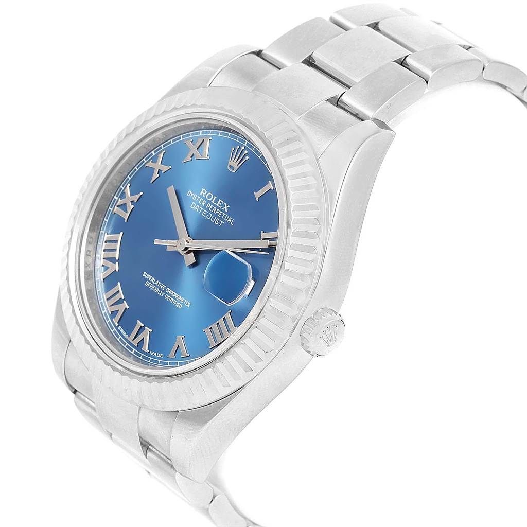 This image shows a Rolex Datejust 41 116334 Men's Stainless Steel Blue Dial 116334 Men's Stainless Steel Blue Dial watch at a three-quarter angle, highlighting its blue dial, bezel, and bracelet.