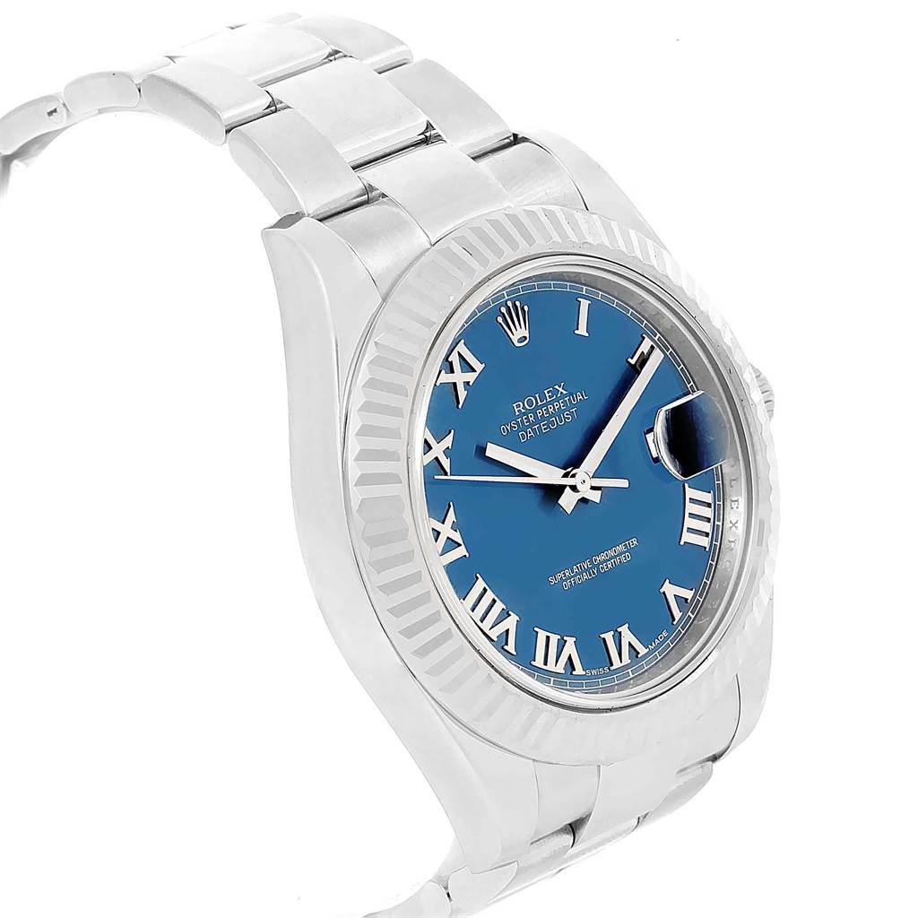 The image shows a 3/4 view of a Rolex Datejust 41 116334 Men's Stainless Steel Blue Dial 116334 Men's Stainless Steel Blue Dial watch, focusing on its blue dial, bezel, and bracelet.