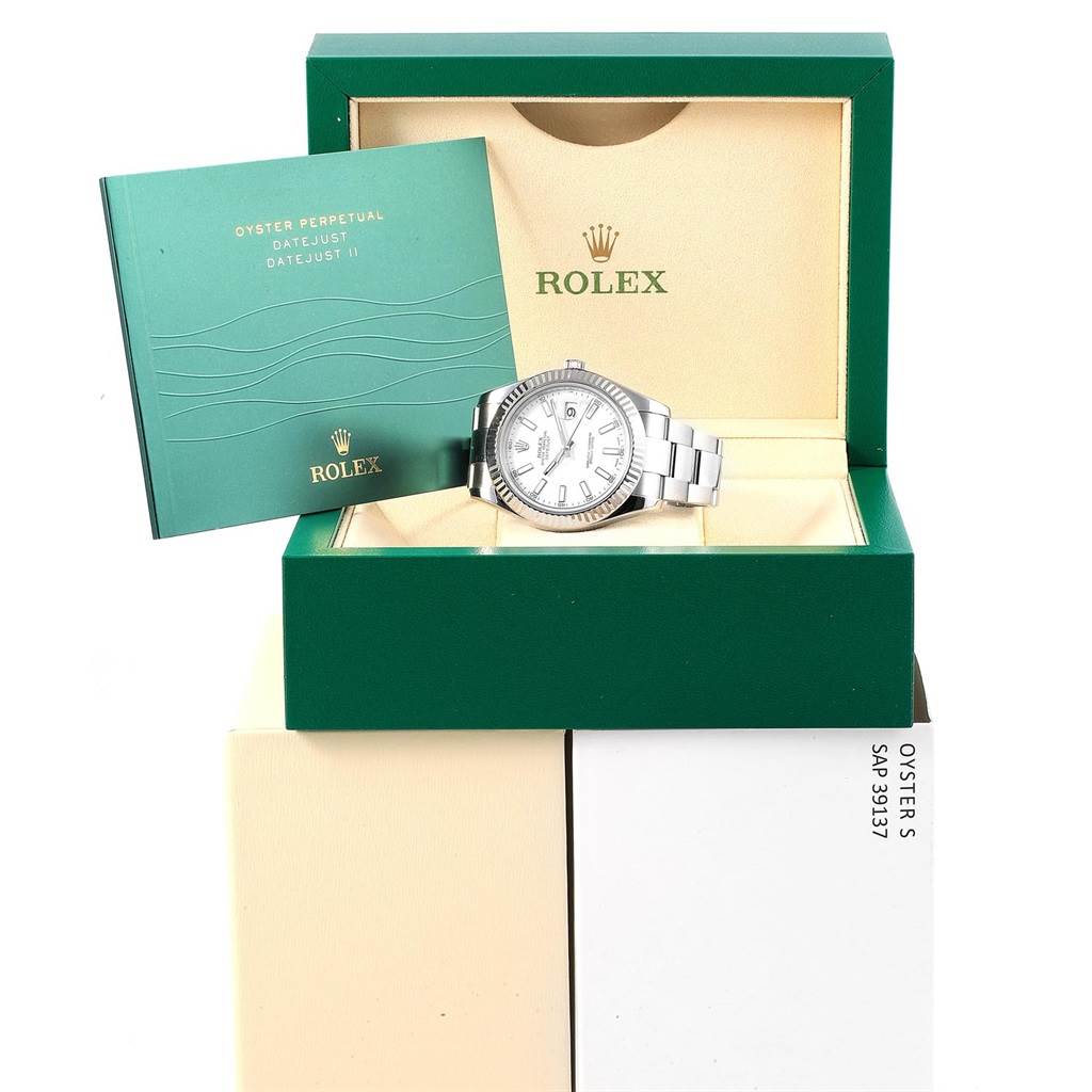 The image shows a Rolex Datejust 41 116334 Men's Stainless Steel White Dial 116334 Men's Stainless Steel White Dial watch in its open box with its accompanying manual.