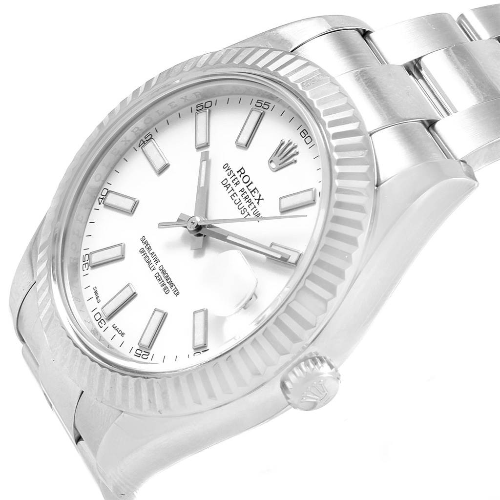 The image shows a close-up side angle of the Rolex Datejust 41 116334 Men's Stainless Steel White Dial 116334 Men's Stainless Steel White Dial model, highlighting the dial, bezel, and part of the bracelet.