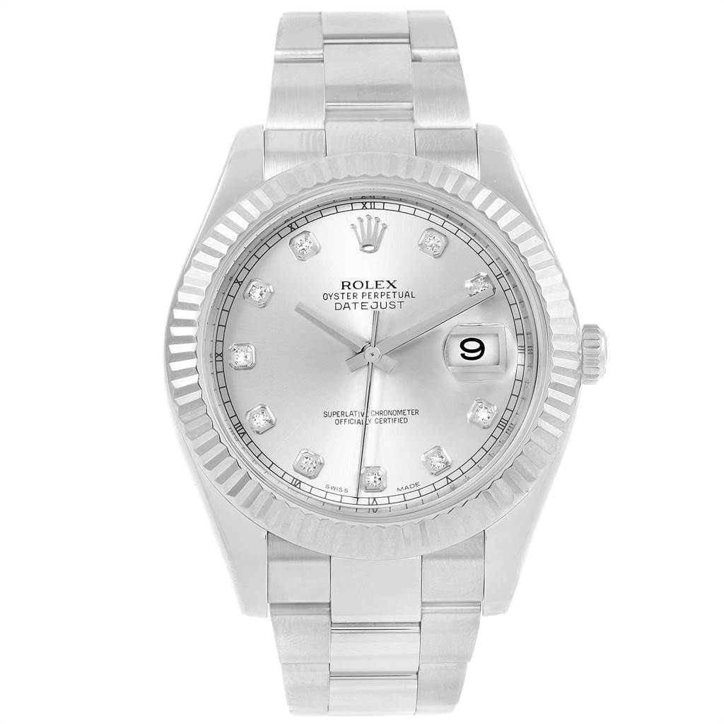 The image shows a front view of a Rolex Datejust 41 116334 Men's Stainless Steel Silver Dial 116334 Men's Stainless Steel Silver Dial model, displaying the dial, bezel, bracelet, and crown.