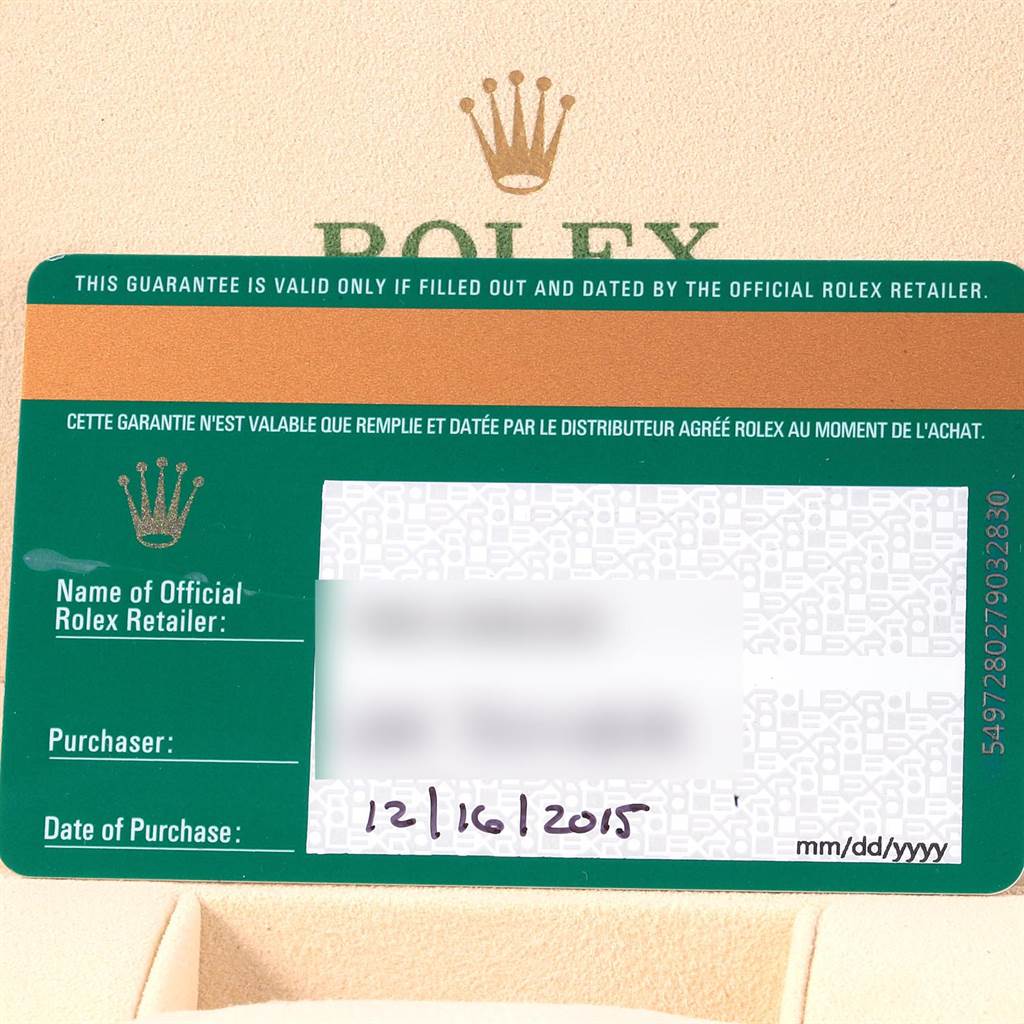 This image shows the warranty card for the Rolex Datejust 41 116334 Men's Stainless Steel Silver Dial 116334 Men's Stainless Steel Silver Dial model.