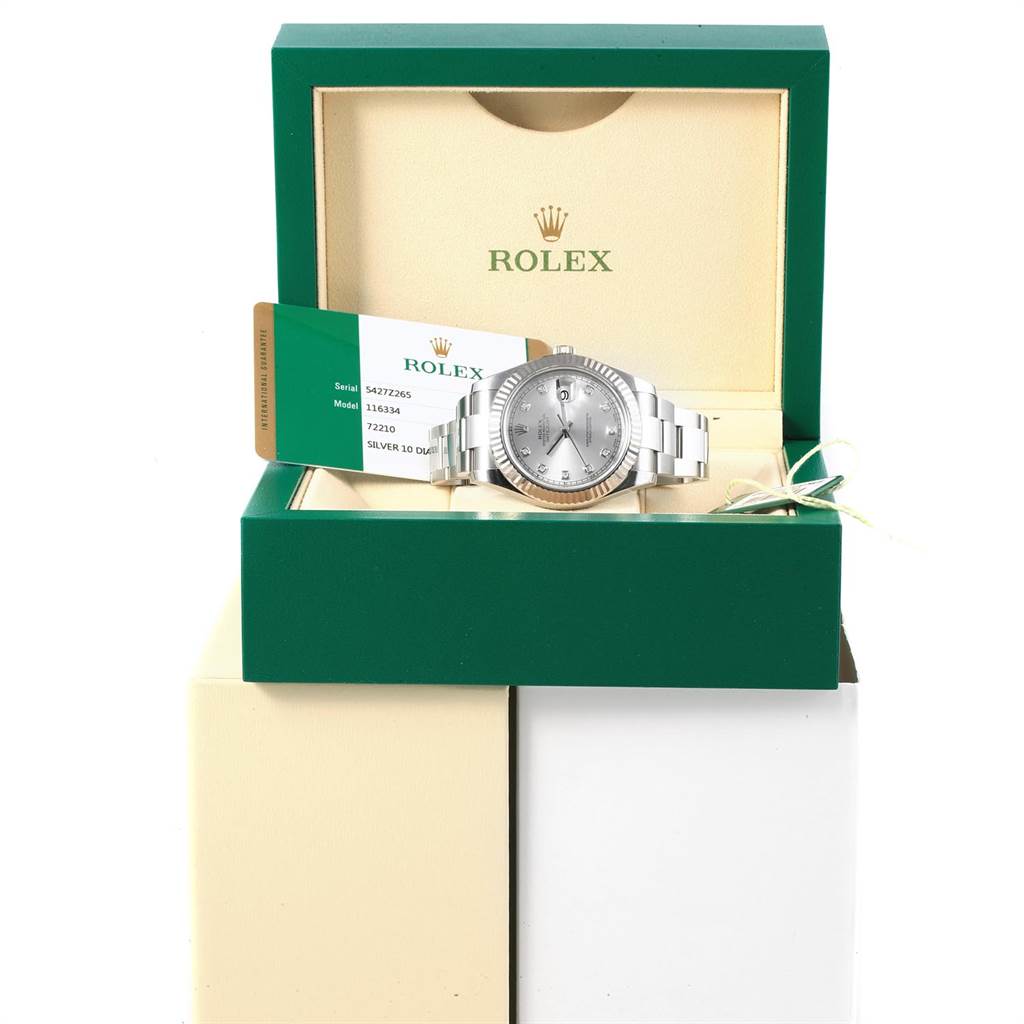 The Rolex Datejust 41 116334 Men's Stainless Steel Silver Dial 116334 Men's Stainless Steel Silver Dial watch is displayed frontally in its box along with its authentication card.