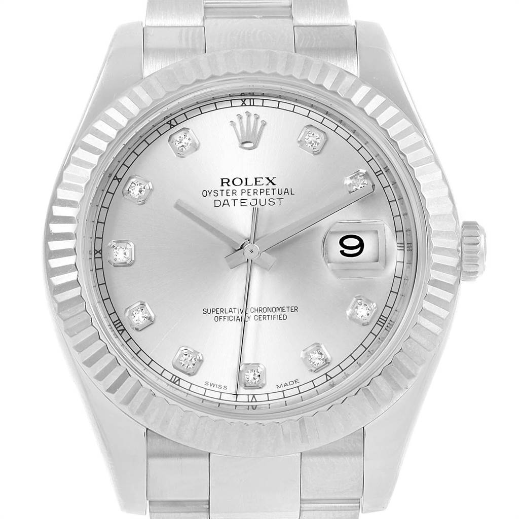 The image shows a front angle of the Rolex Datejust 41 116334 Men's Stainless Steel Silver Dial 116334 Men's Stainless Steel Silver Dial watch, highlighting the dial, bezel, and bracelet.