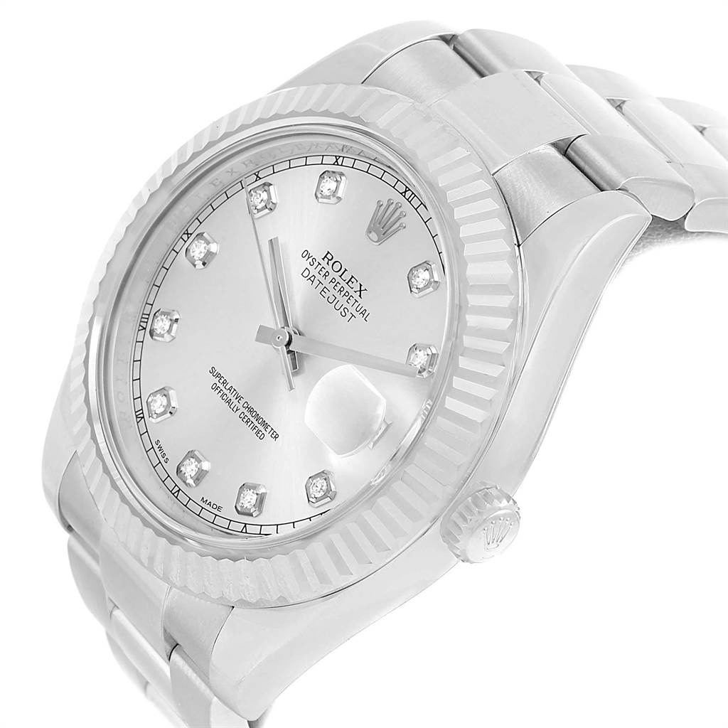 The image shows the Rolex Datejust 41 116334 Men's Stainless Steel Silver Dial 116334 Men's Stainless Steel Silver Dial watch from a front angle, highlighting the diamond markers, bezel, dial, and part of the bracelet.