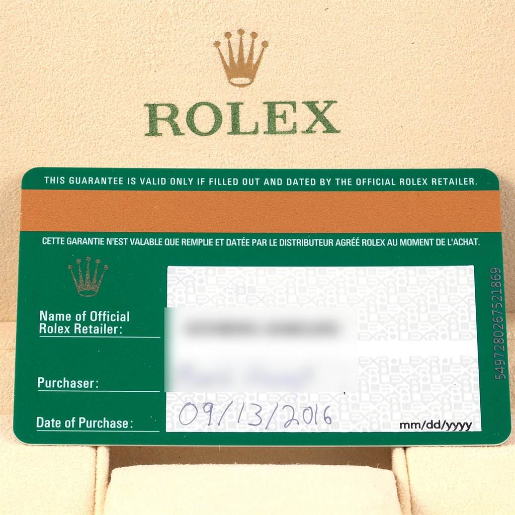 The image shows the guarantee card and part of the packaging for the Rolex Datejust 41 116334 Men's Stainless Steel White Dial 116334 Men's Stainless Steel White Dial model.
