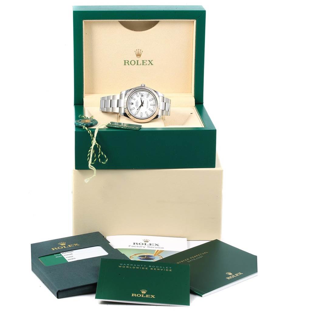 The image shows a Rolex Datejust 41 116334 Men's Stainless Steel White Dial 116334 Men's Stainless Steel White Dial watch in its open box, accompanied by booklets and documents.