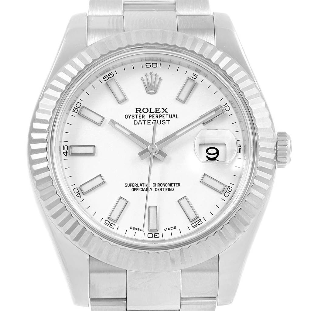 The image shows a Rolex Datejust 41 116334 Men's Stainless Steel White Dial 116334 Men's Stainless Steel White Dial watch from a front-facing angle, highlighting its dial, bezel, and bracelet.