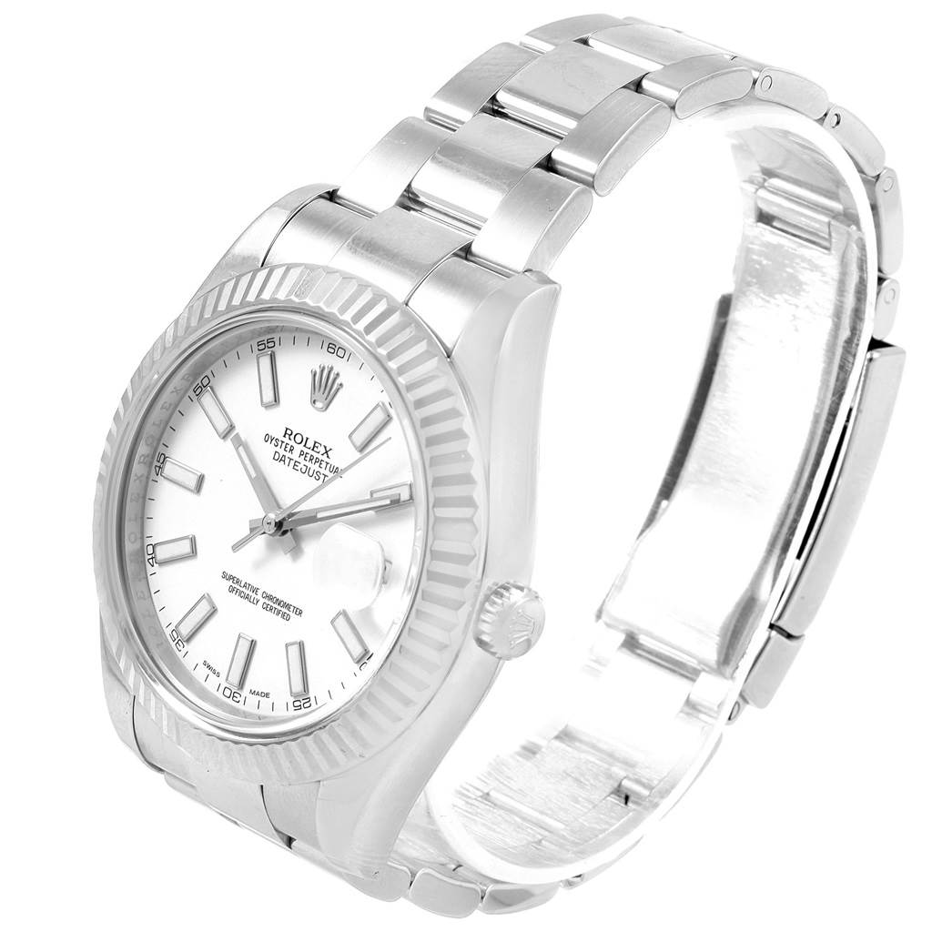 The Rolex Datejust 41 116334 Men's Stainless Steel White Dial 116334 Men's Stainless Steel White Dial model is shown from a slight right angle, showcasing the dial, bezel, crown, and bracelet.