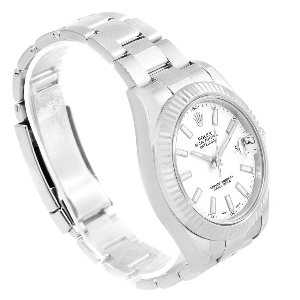 The image shows an angled view of the Rolex Datejust 41 116334 Men's Stainless Steel White Dial 116334 Men's Stainless Steel White Dial watch highlighting the face, bezel, and bracelet.