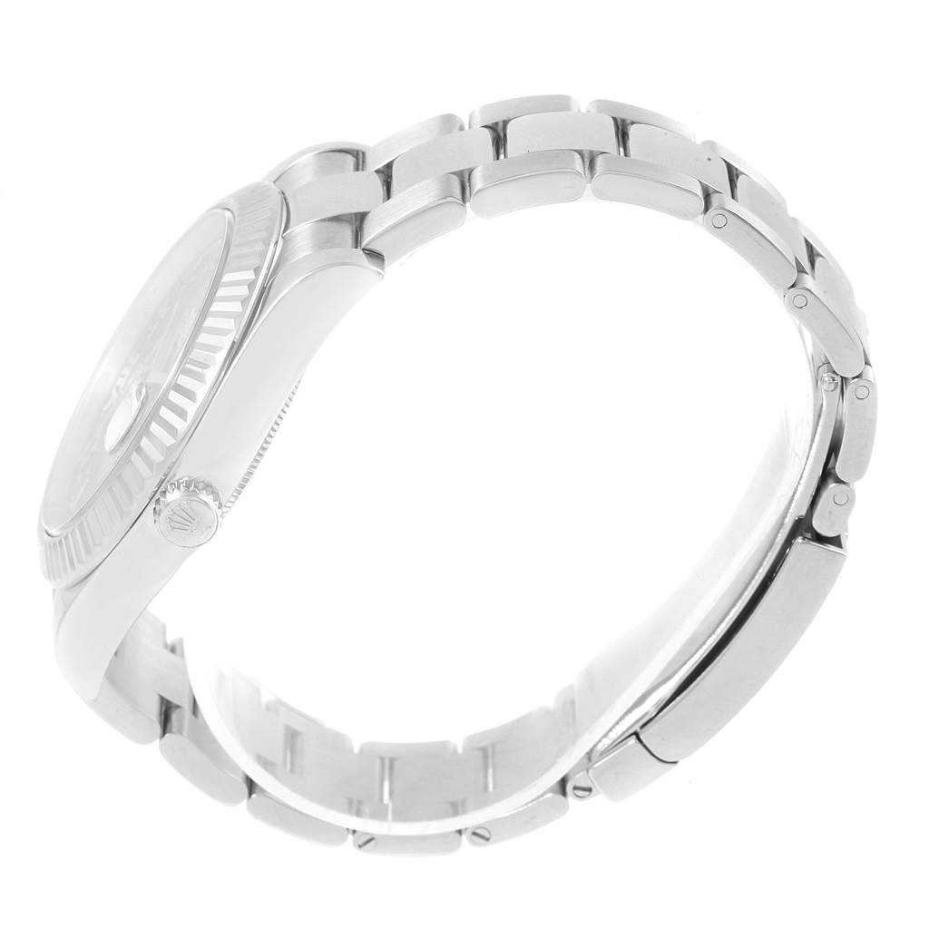 The image shows a side view of the Rolex Datejust 41 116334 Men's Stainless Steel Blue Dial 116334 Men's Stainless Steel Blue Dial model, highlighting its bezel, case, crown, and bracelet.