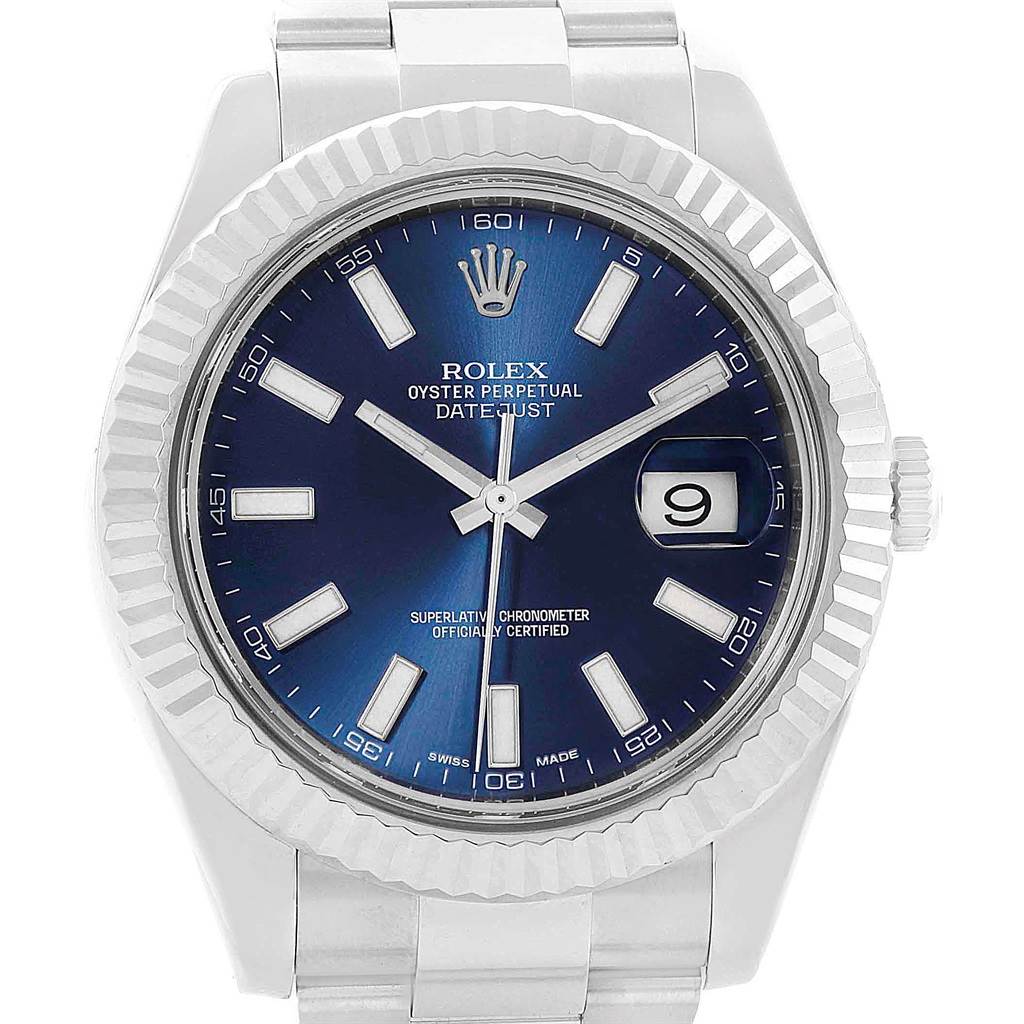 The image shows a front view of the Rolex Datejust 41 116334 Men's Stainless Steel Blue Dial 116334 Men's Stainless Steel Blue Dial, displaying its blue dial, fluted bezel, and bracelet.