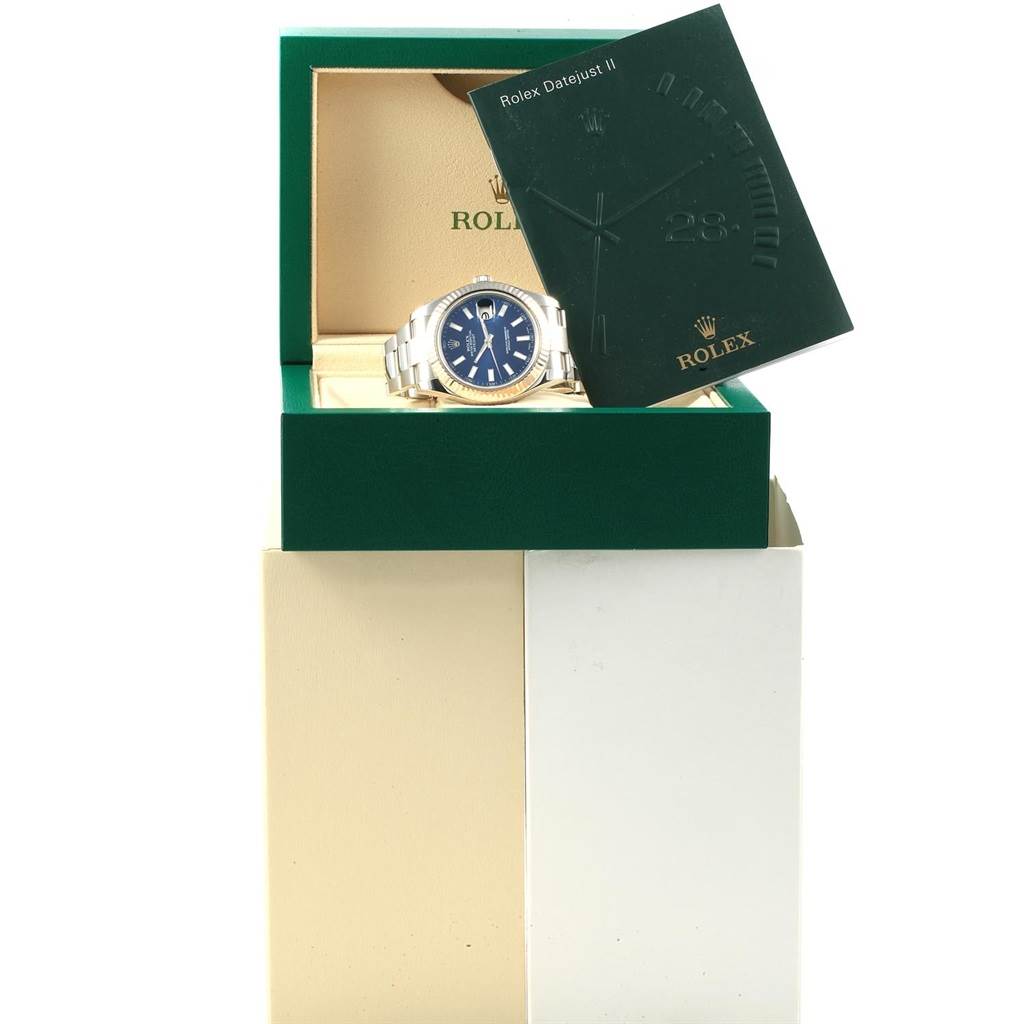 The image shows a Rolex Datejust 41 116334 Men's Stainless Steel Blue Dial 116334 Men's Stainless Steel Blue Dial watch in its box, with accessories including a booklet visible.