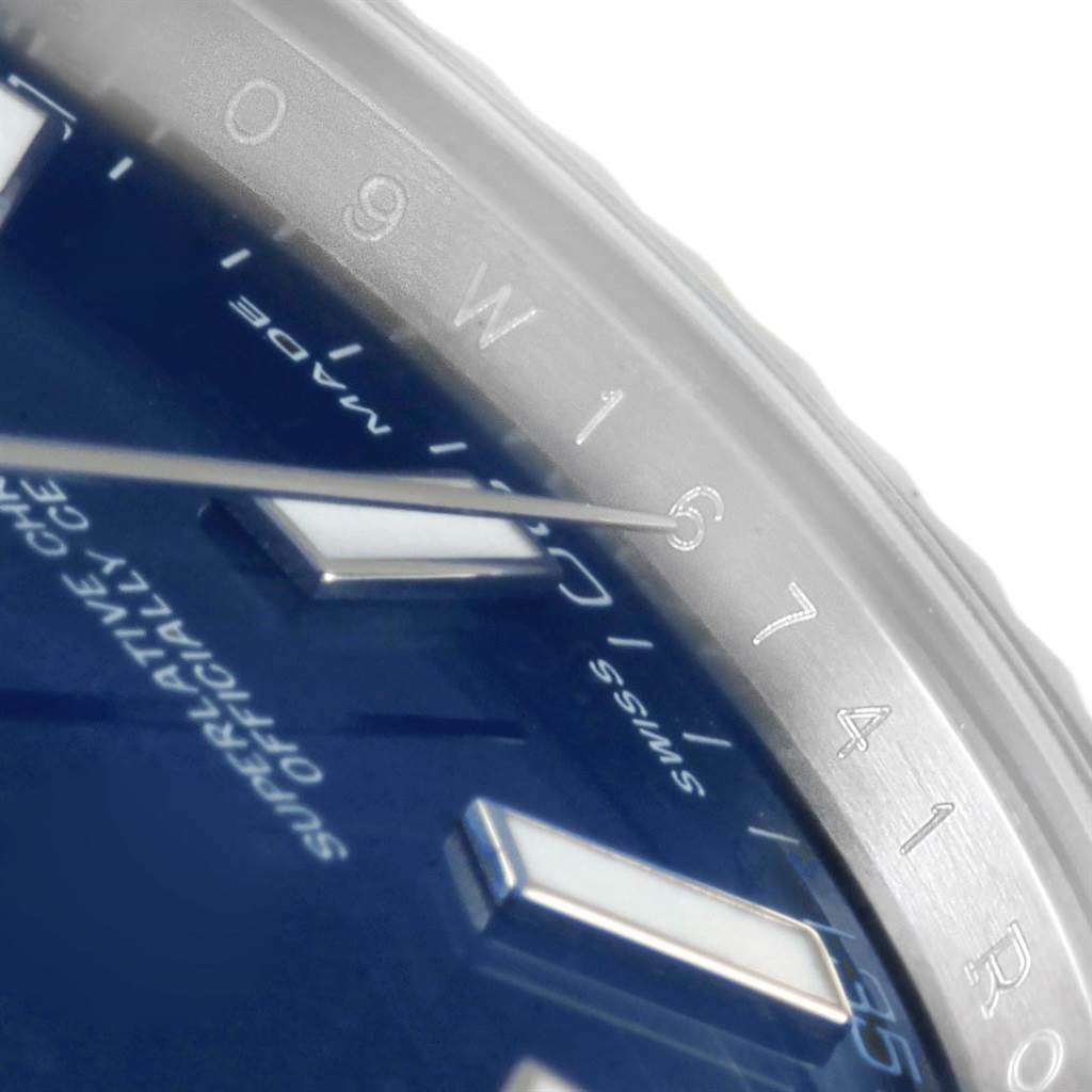 This close-up image shows the dial and bezel of the Rolex Datejust 41 116334 Men's Stainless Steel Blue Dial 116334 Men's Stainless Steel Blue Dial model watch, highlighting the indices and numerals.