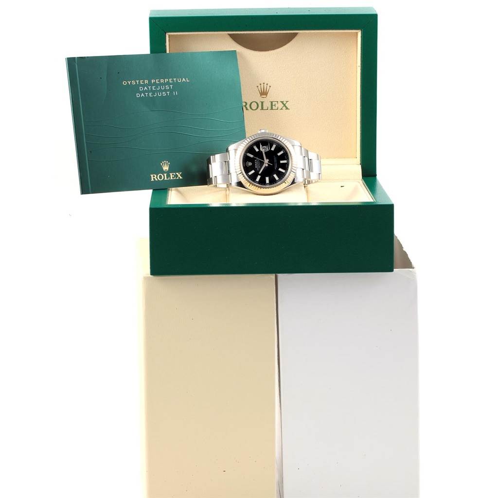 The Rolex Datejust 41 116334 Men's Stainless Steel Black Dial 116334 Men's Stainless Steel Black Dial watch is shown front-facing, in its open box with accompanying booklet.