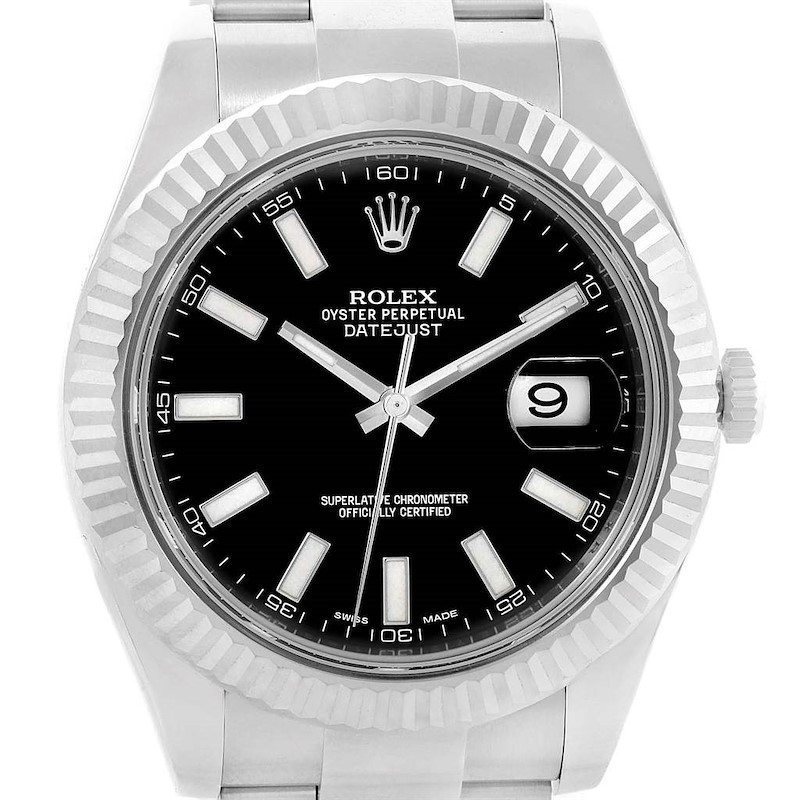 The image shows a frontal view of the Rolex Datejust 41 model, highlighting its black dial, fluted bezel, and bracelet.