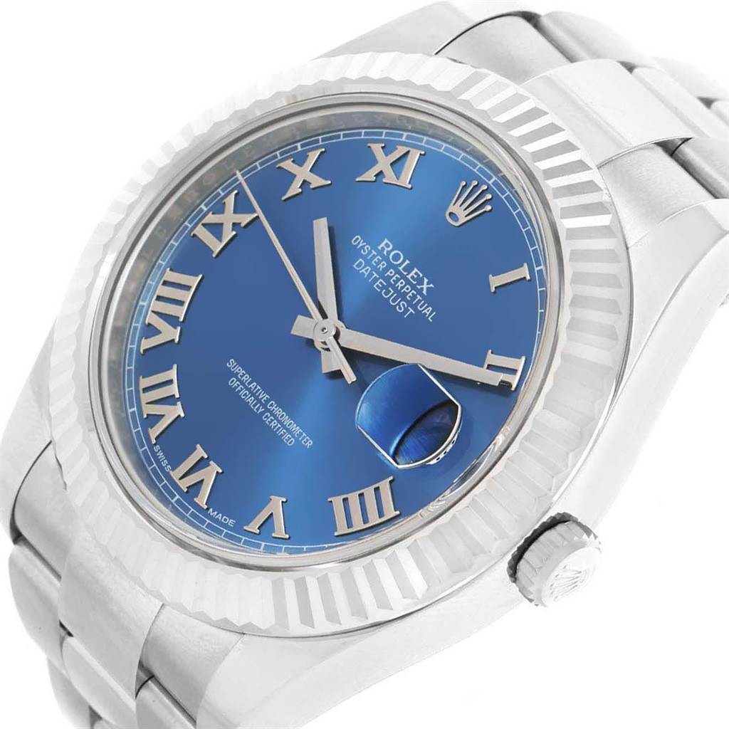 The image shows a close-up angle of a Rolex Datejust 41 116334 Men's Stainless Steel Blue Dial 116334 Men's Stainless Steel Blue Dial watch, highlighting the blue dial, Roman numerals, and part of the bracelet.