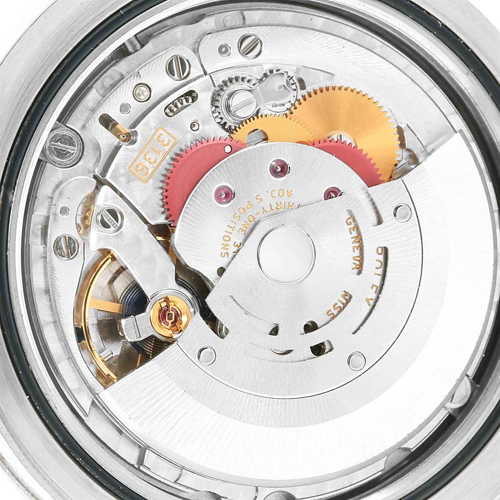 This image shows the back view of the Rolex Datejust 41 116334 Men's Stainless Steel Blue Dial 116334 Men's Stainless Steel Blue Dial, focusing on its intricate mechanical movement.