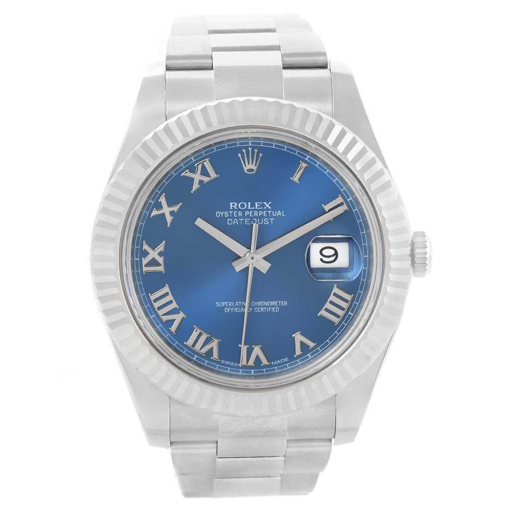 The image shows the front view of a Rolex Datejust 41 116334 Men's Stainless Steel Blue Dial 116334 Men's Stainless Steel Blue Dial watch, displaying its blue dial, Roman numeral markers, and date window.