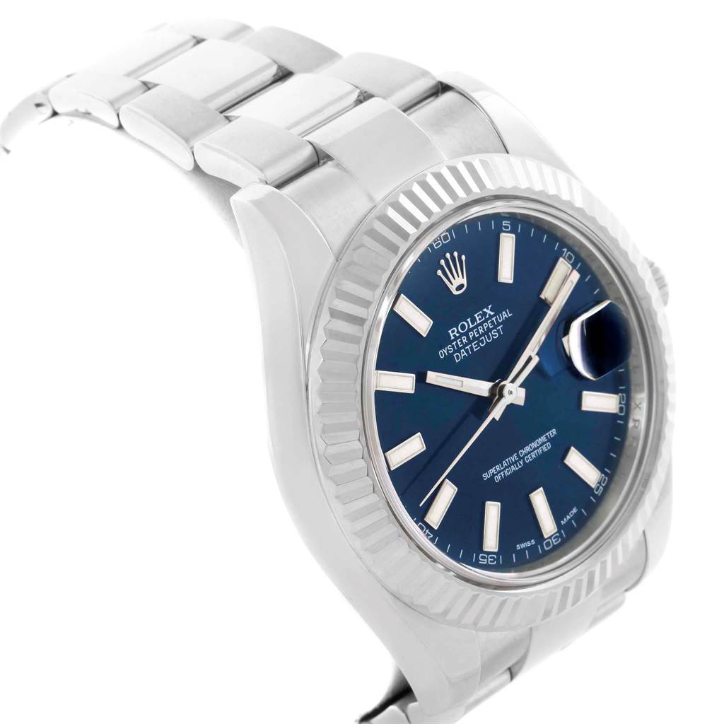 This Rolex Datejust 41 116334 Men's Stainless Steel Blue Dial 116334 Men's Stainless Steel Blue Dial model watch is shown from a side angle, highlighting its bracelet and blue dial.