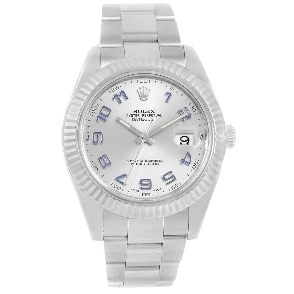 This image shows a frontal view of a Rolex Datejust 41 116334 Men
s Stainless Steel Grey Dial 116334 Men
s Stainless Steel Grey Dial watch, highlighting its dial, bezel, and bracelet.