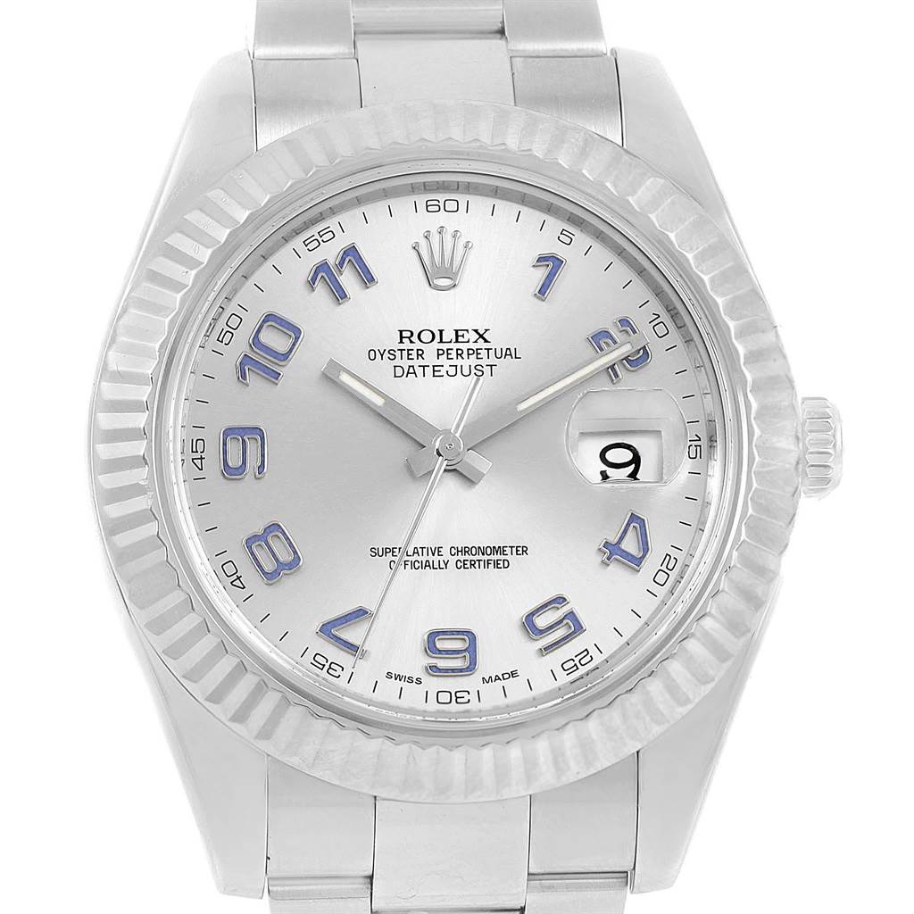 This image shows a front view of a Rolex Datejust 41 116334 Men
s Stainless Steel Grey Dial 116334 Men
s Stainless Steel Grey Dial watch displaying its silver dial, fluted bezel, and cyclops date window.